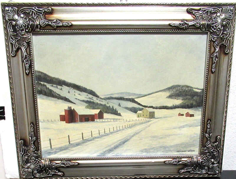 FERNANDO BATISTA CAPE COD SNOW BARN ORIGINAL OIL ON BOARD LANDSCAPE PAINTING