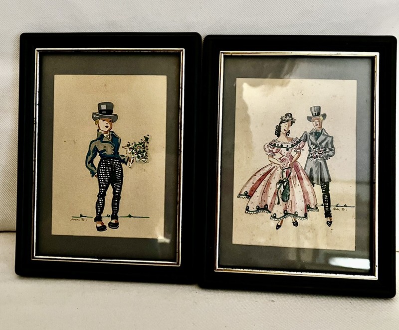 Vtg Small Hand Painted Watercolor Victorian People Set Of 2 Signed Framed 6×8”