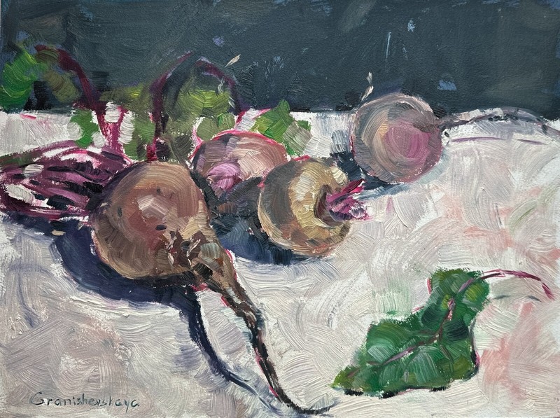 Original art still life oil painting on cardboard «beetroot» 11,8*15,7in