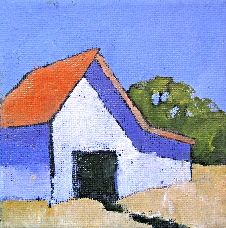 Miniature 4X4 SUMMER FARM BARN Lynne French O/C Landscape Art