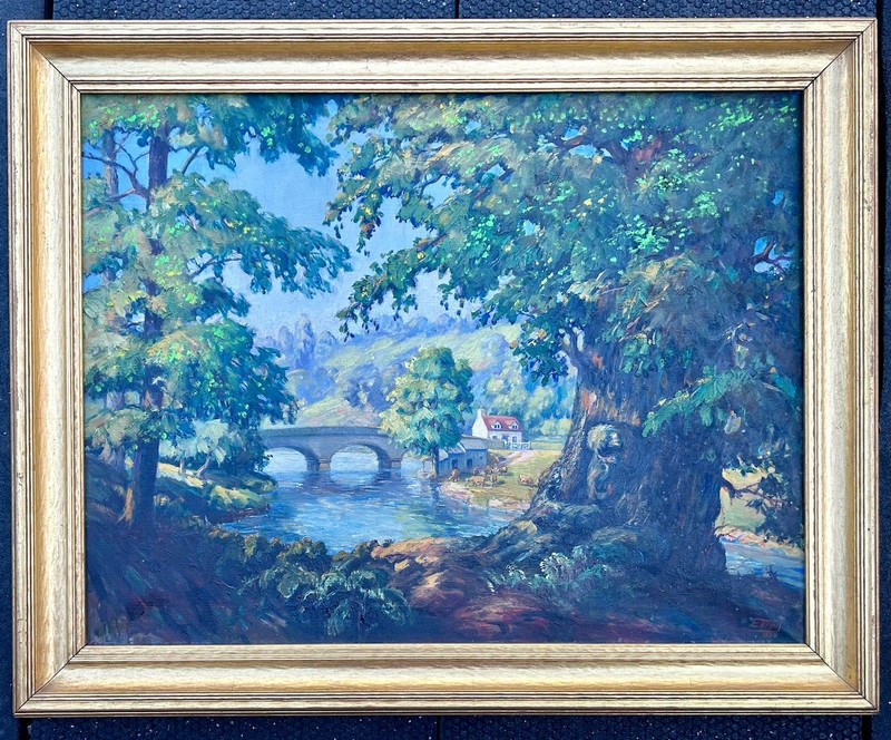 Original Signed Ewing Landscape Oil Painting on Stretched Canvas Framed 30”x24”