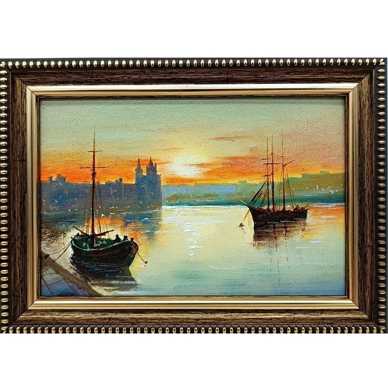 Sailboat Sunset Original Oil Painting 6×4 Framed Signed Sea Landscape Yacht Art