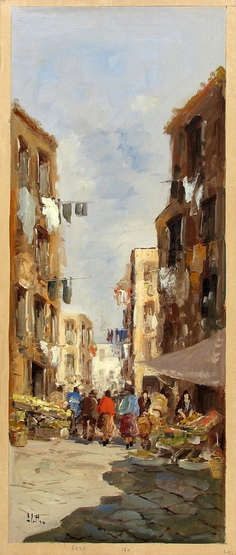 ELETTRO Signed Vintage c1950s-ea.60s Oil Painting ITALIAN STREET MARKET SCENE