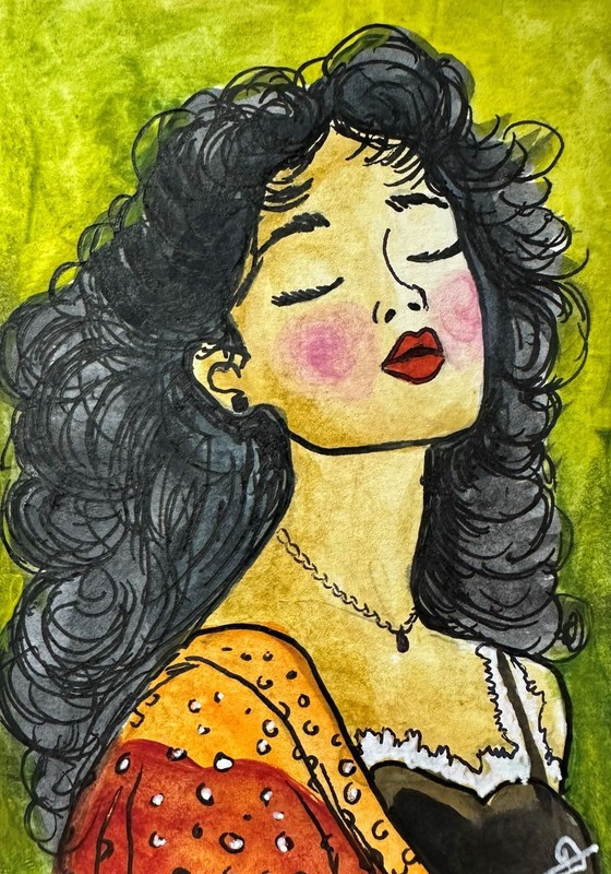 ACEO Original Acrylic Painting Woman Female Face Portrait Green Pop Style Art