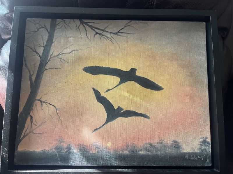 Flying Geese Painting On Canvas In Frame Signed J. Rohde 15 1/2 X 12 1/2