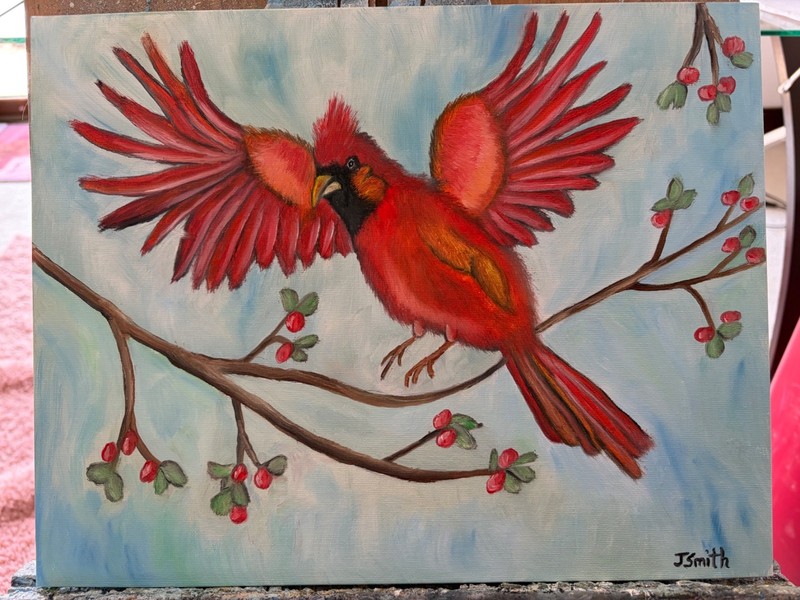 Original oil painting signed 11 x 14 in red bird cardinal