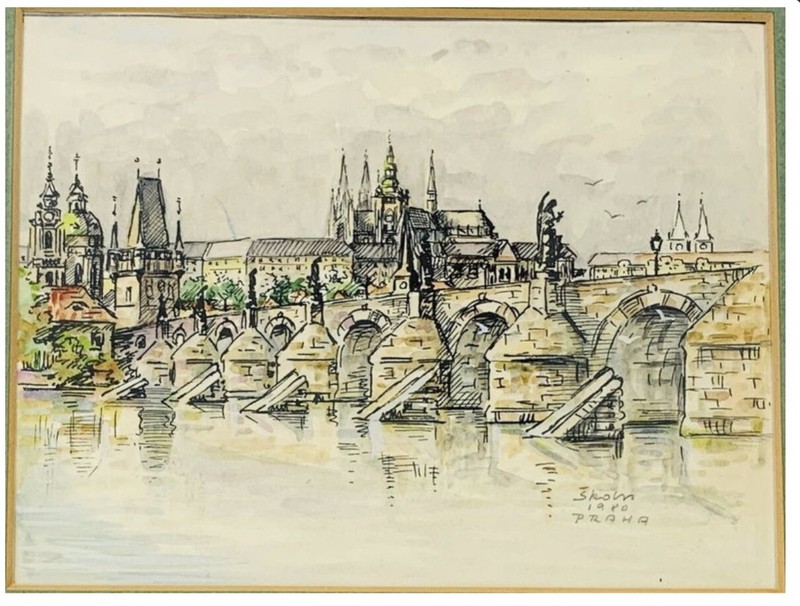 Original Watercolor Ink Of Prague Castle From The Charles Bridge signed, 1980
