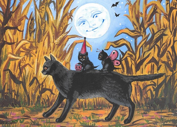 ACEO print of painting Ryta Halloween Black cat trick or treat haunted maze art
