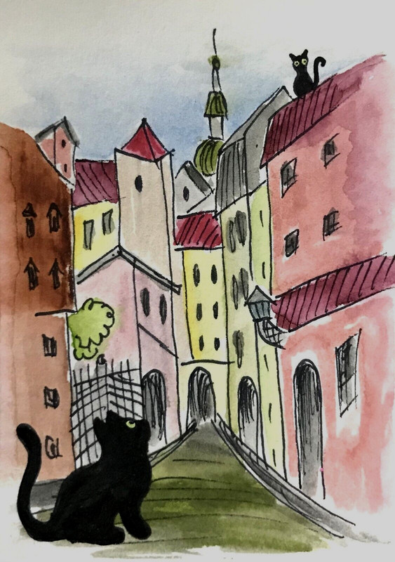 ACEO Mini **Art Print** Black Kitty Cats Kittens & Old Town Riga by Saulite