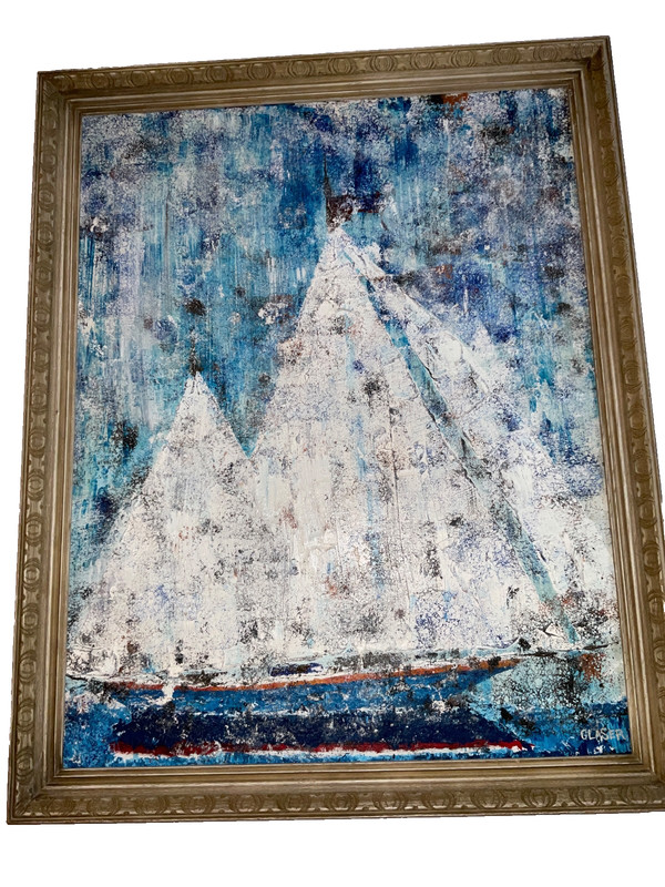 Modernist Abstract ships boats original oil Painting by Graser