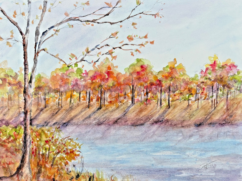 Fall Scene With Water and Autumn Leaves Unique Landscape Art Watercolor 9″x12″