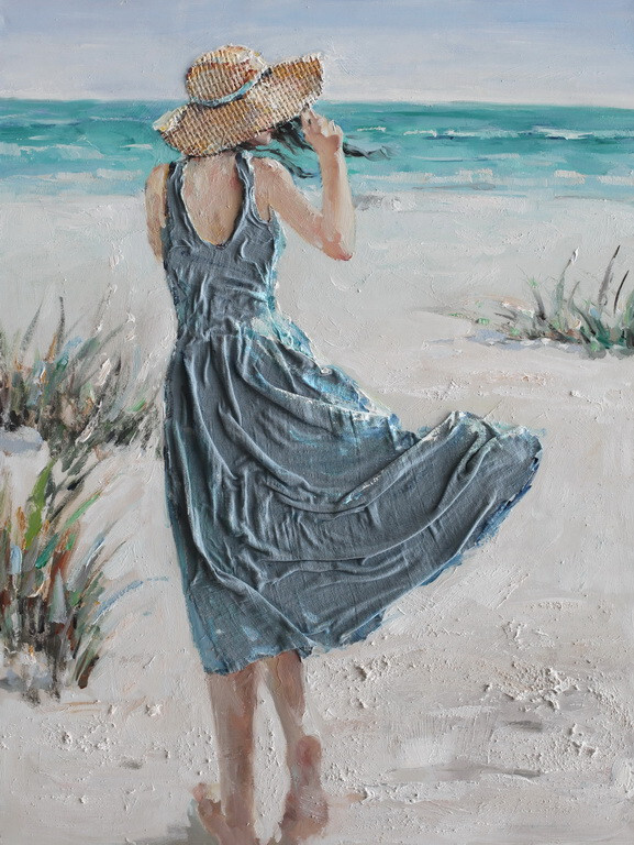 Beautiful 3-D Original Canvas Oil Paining Lady in the Beach Water’s Edge