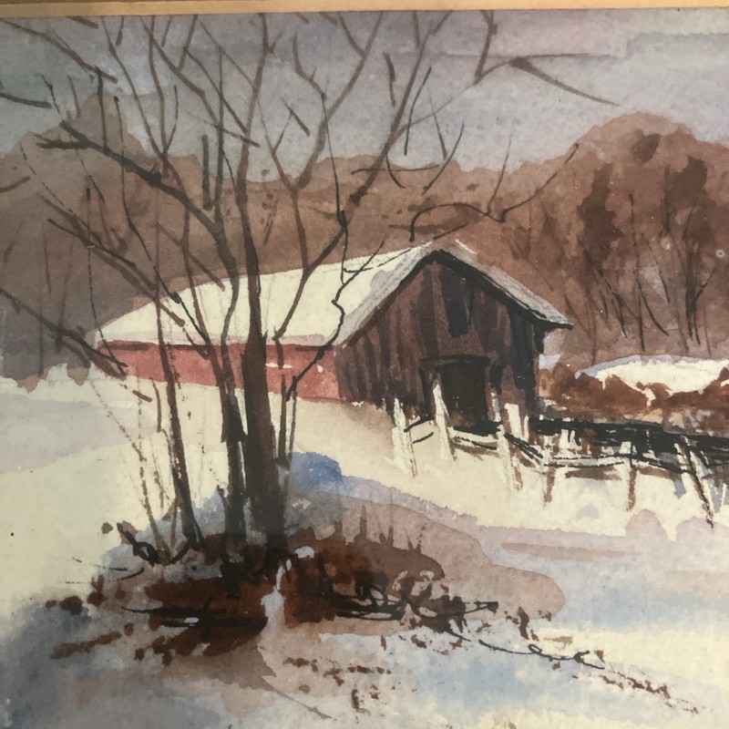 Original Framed Winter Landscape Watercolor Barn 5 X 7 Signed Judy Magensen 1983 gallery