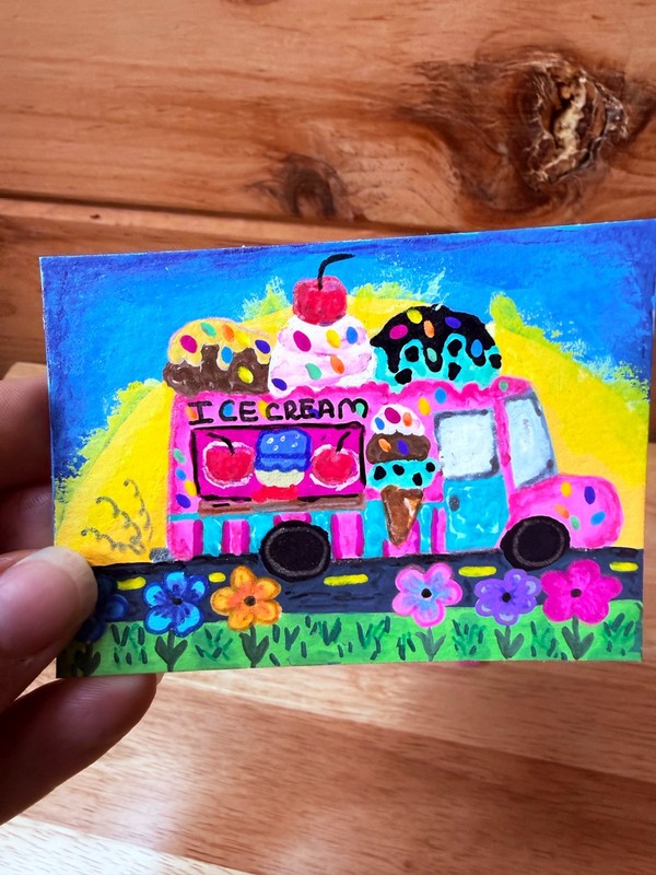 ACEO Original Ice Cream Truck Acrylic Painting Summer Fun #4 by Liz Durant