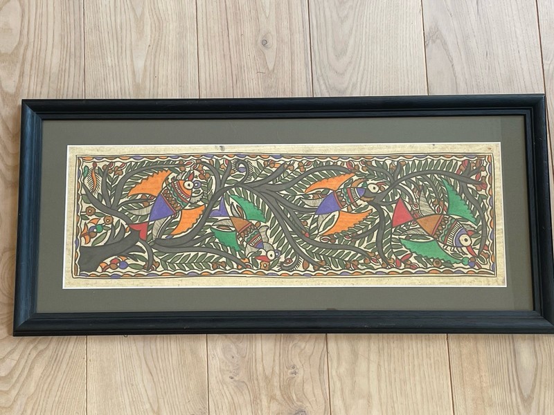 Vintage India Madhubani Folk Art Painting On Handmade Paper. Framed 12×27 Inch