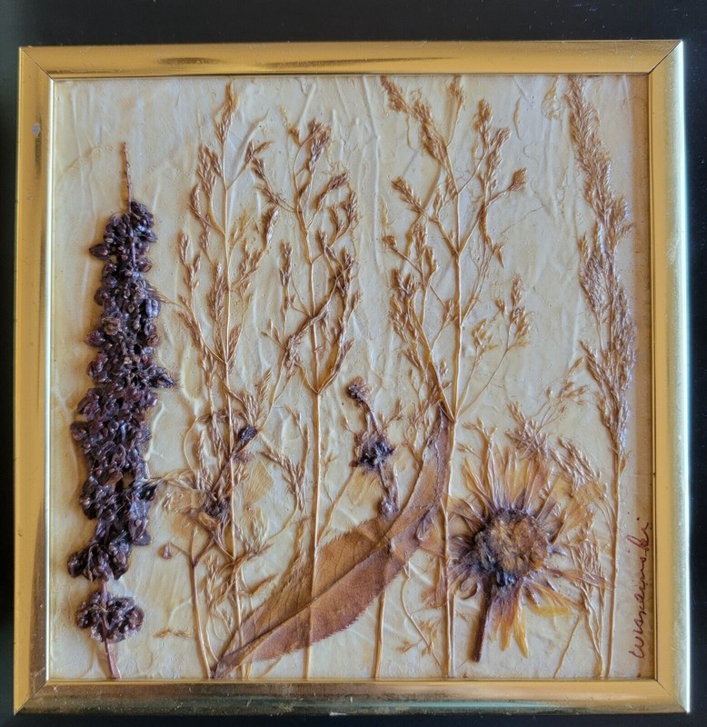 Super Groovy Framed Dry Flowers 2pc Signed Artwork 1970s Home Decor Wheat Gold  gallery