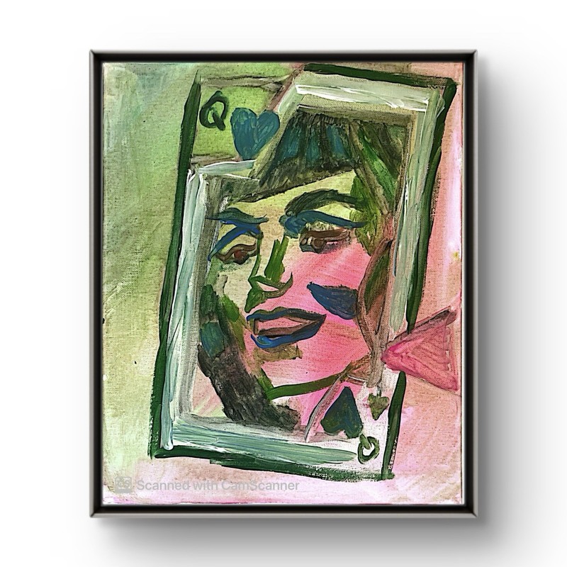 BLESSED#827 Face Art 11×14 Original Canvas – Green Queen of Hearts Cubism