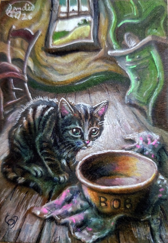 Jacob Landis WHIMSY HANDMADE ORIGINAL ACEO Sketch Kittens Cats "Tug Of War" gallery
