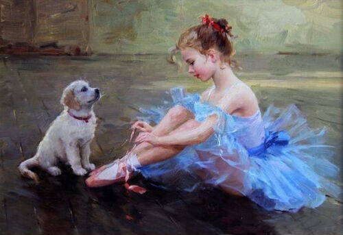 MQ1181 Handmade Painted Dancing Little Girl Dog Oil Painting Canvas Wall Art