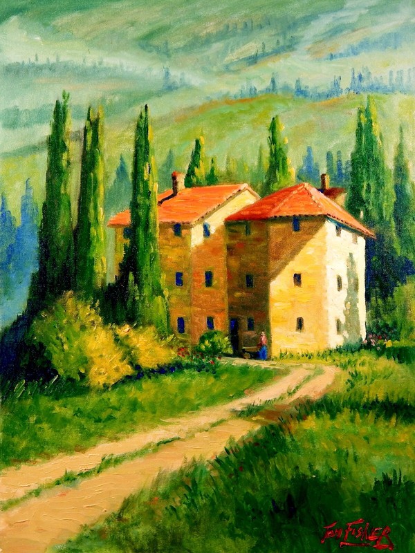 Tuscany Italian villa building Impressionist Landscape Original Oil Painting