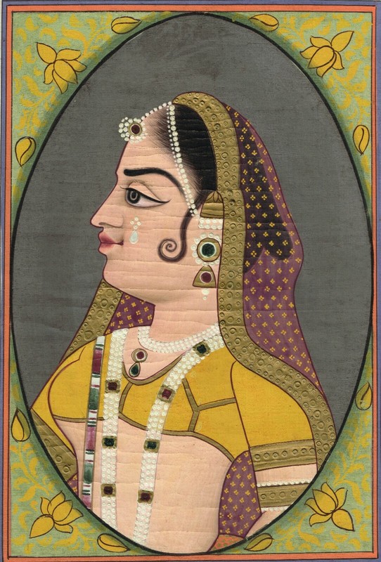 Portrait Painting Of Rajput Queen Handmade Vintage Art On Silk Cloth 10x14 Inch gallery