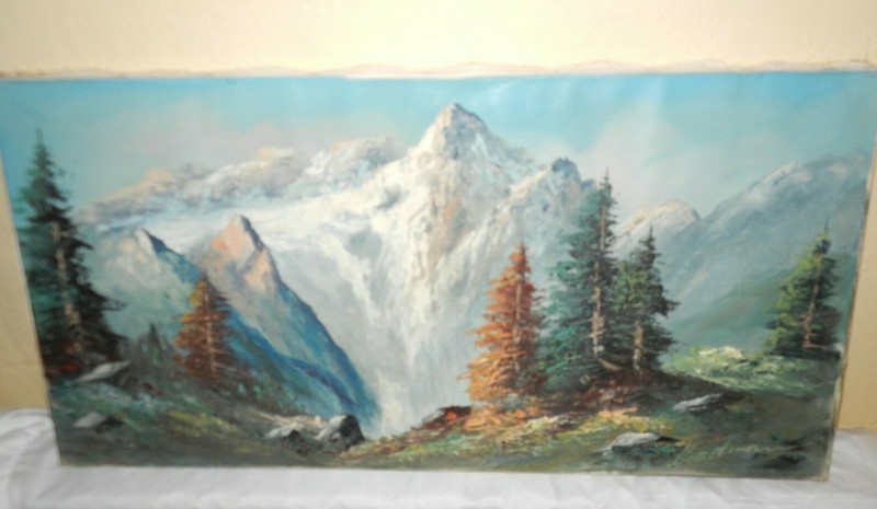 Vintage oil paint Mountains, Forest, Landscape – Artist Signed 15,5×31,5