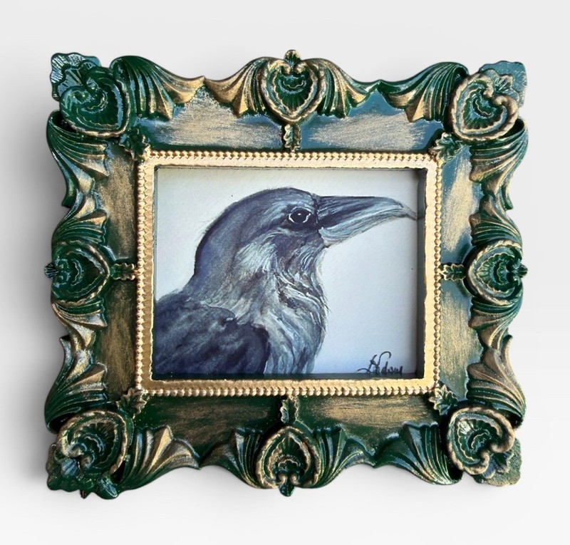 Raven 🐦‍⬛ watercolor mini bird print in vintage style ornate frame