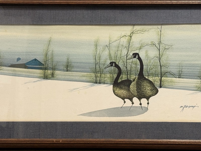 Original B. Rodriguez Watercolor Painting – Canada Geese Winter Landscape