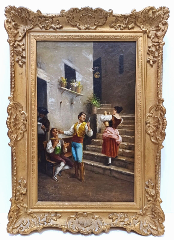 1881 MYSTERY ARTIST SIGNED ORIGINAL OIL on CANVAS EUROPEAN STREET FIGURES FRAMED