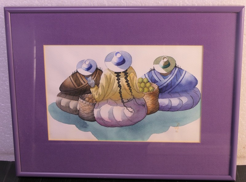 PAINTING WATERCOLOR ORIGINAL PERUVIAN SOUTH AMERICAN WOMAN WITH BASKETS SITTING