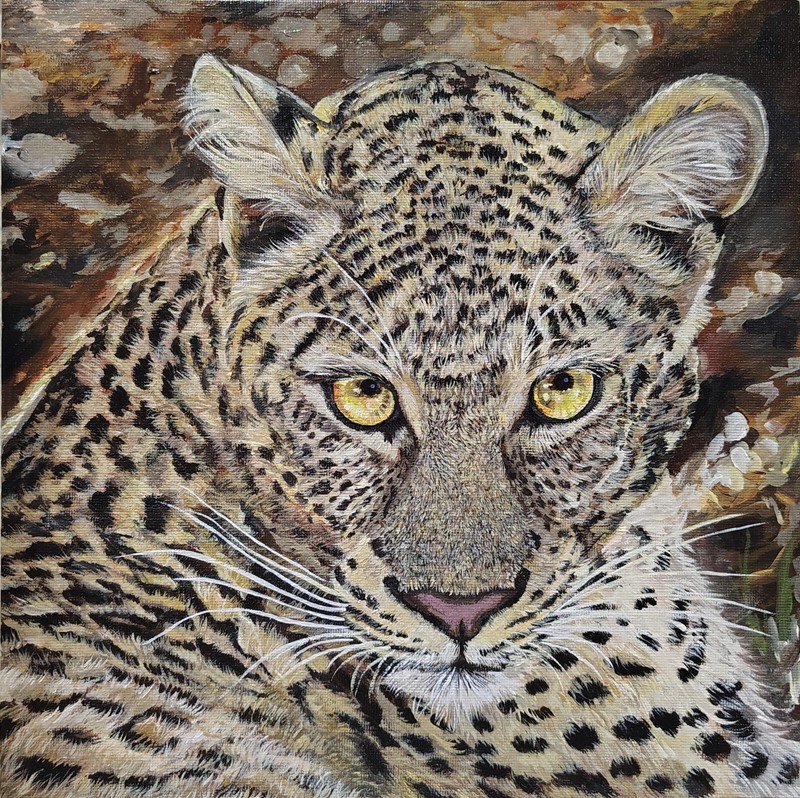 Original Leopard Panthera Big Cat Acrylic Painting on Canvas Panel, 10×10 In