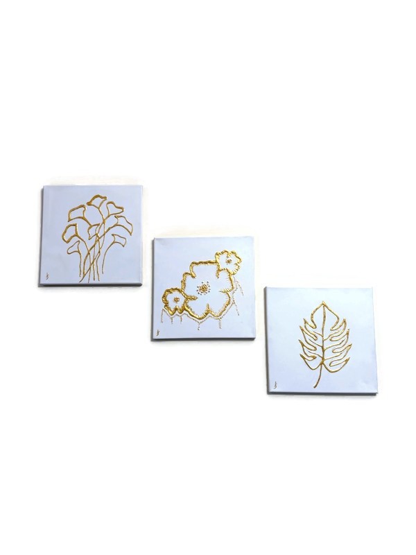 3D Gold Acrylic Canvas Paintings – Set of 3 Handmade Wall Art 30x30cm