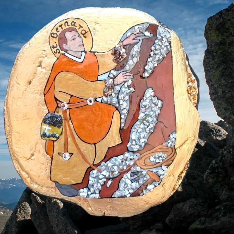 Saint Bernard Hand-Painted Rock Art | Patron Saint of Alps and Mountaineers | Un