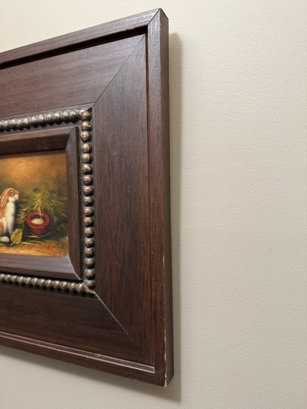 Signed Oil on Board Bunny Rabbit Painting, Frame size 15 1/2" x 13 5/8" gallery