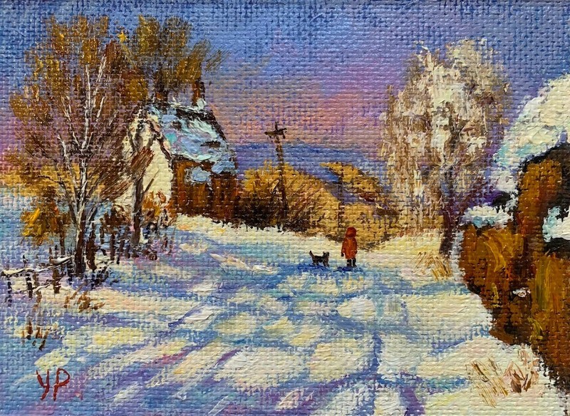original oil painting,snow art,winter village Landscape.Scene with children