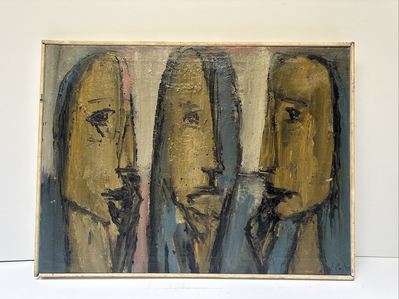 MID CENTURY CUBIST PAINTING ABSTRACT CUBISM HEADS FACES OATES MODERNIST LARGE