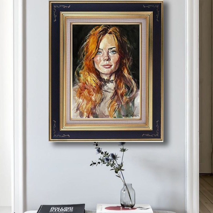 Original watercolor painting. Beautiful girl portrait artwork gallery