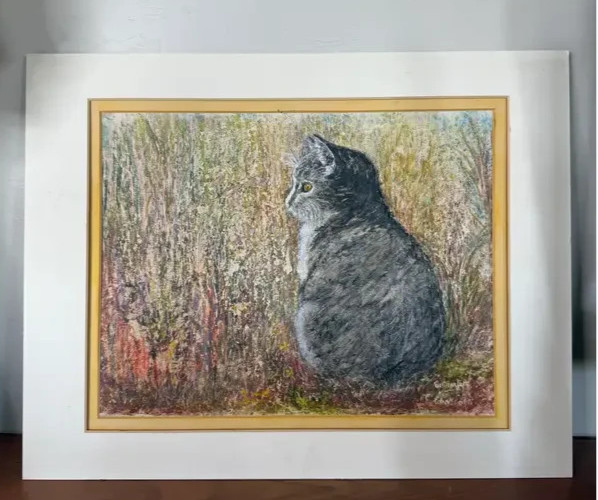 VTG Original Cat Painting «Anticipation» E. Charlotte Signed Lr Corner Unframed