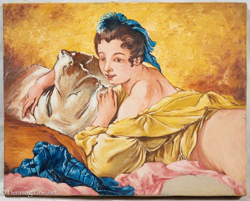 Beautiful Oil Painting Classical Female Portrait in Yellow Silk & Blue Hair Tie