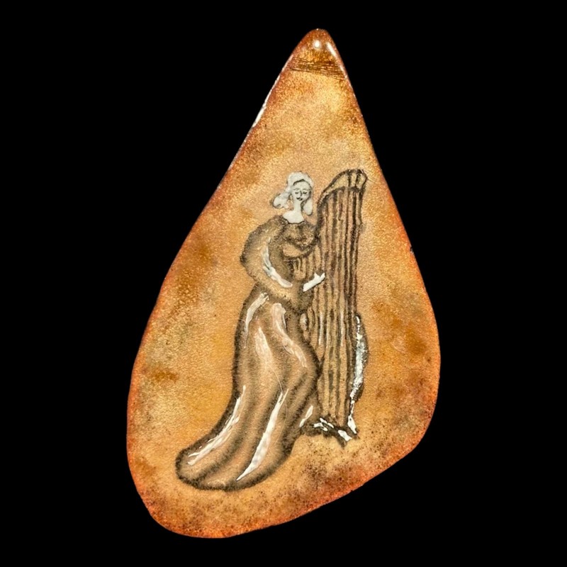 Mid Century Modern Enameled Copper Plaque Woman Harp Celestial Dancers 3.5″