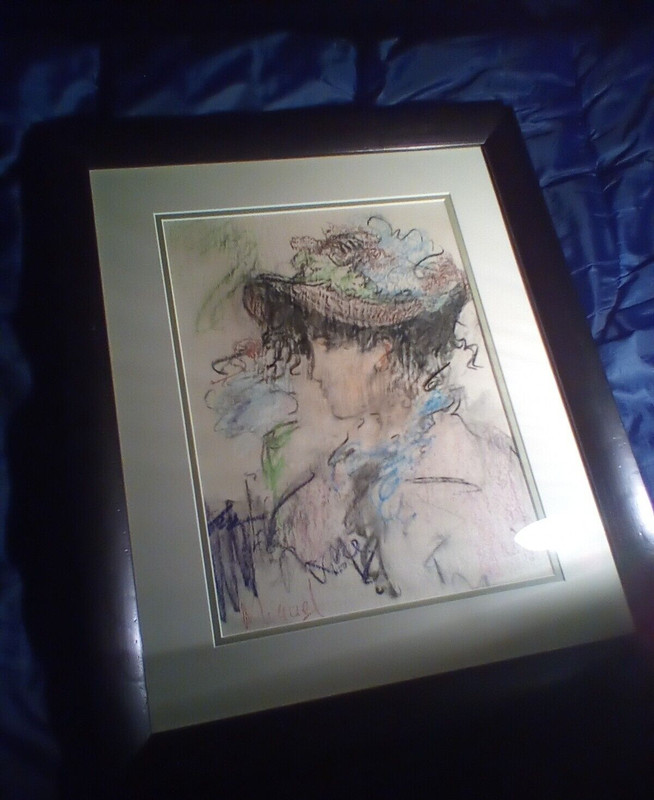 French Artist Miguel- pastel impressionist portrait Girl in a Hat 18" x 22" gallery