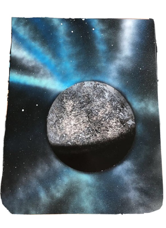 11×14 Moon Spray Paint Art On Poster board. Space Painting Vibrant Planet
