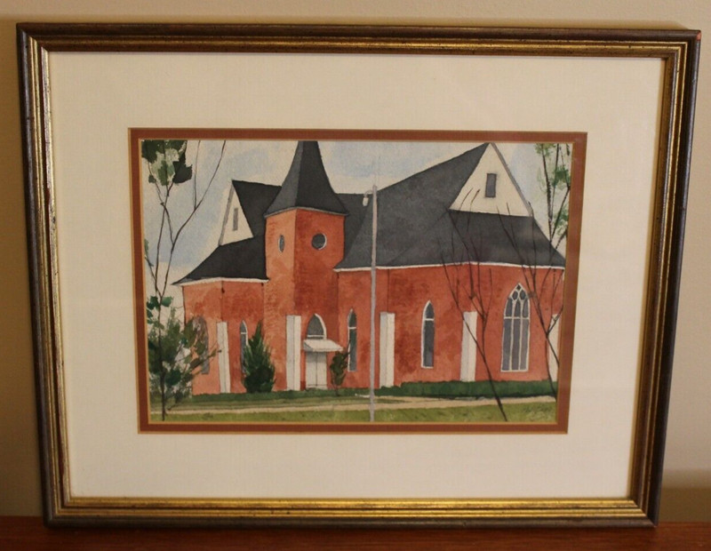 Red Brick Church by Park Perry Watercolor Painting Matted & Framed 15×12″