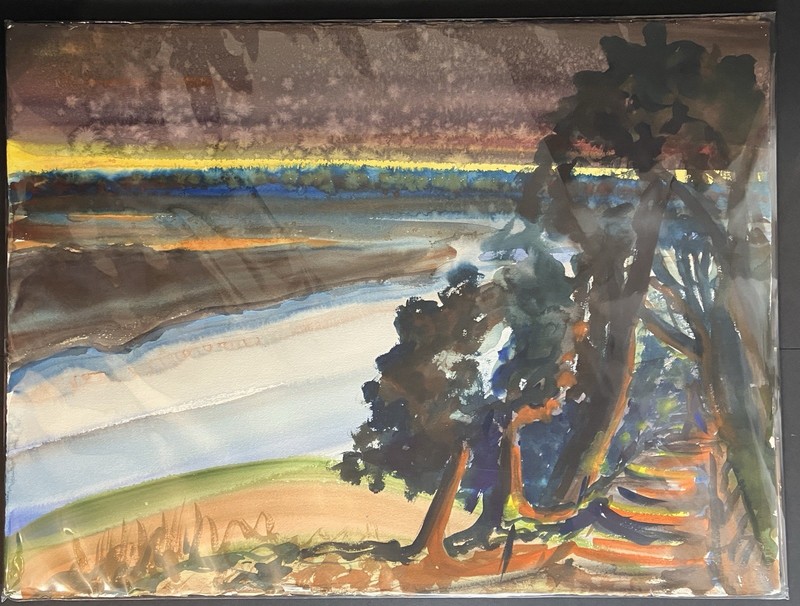 Liz Sipe Art “Nightfall Draft V” Original Watercolor Path Overlooking City Light