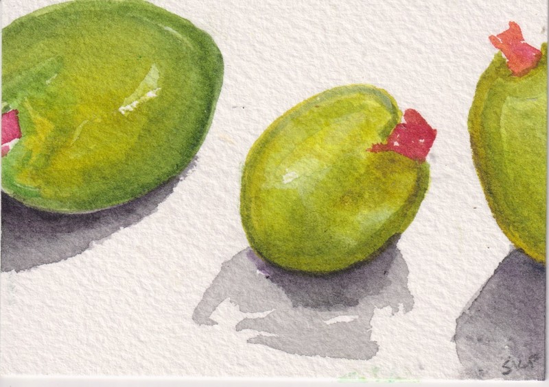 Original ACEO Green olives , shadows Watercolor Painting Art Sharon Foster gallery