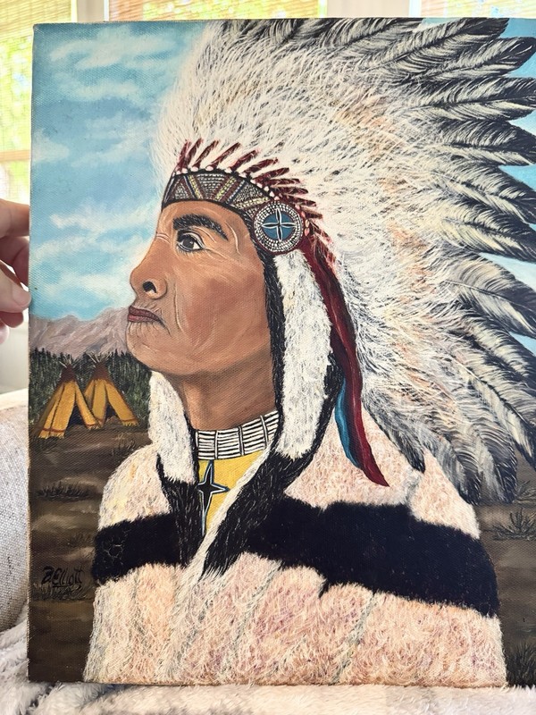 Native American Indian Chief in Headdress Handpainted 11″ x 14″ by B Elliott