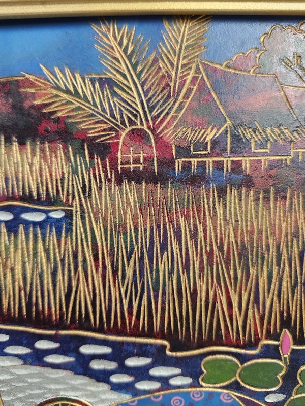 Vintage Southeast Asian Lacquer Painting Fishing Scene Framed Wall Art Women gallery