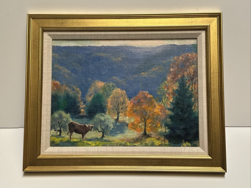 ANTIQUE PAINTING NEW YORK ERNEST HUBBARD LANDSCAPE 1940'S CATSKILLS COW SUNSET