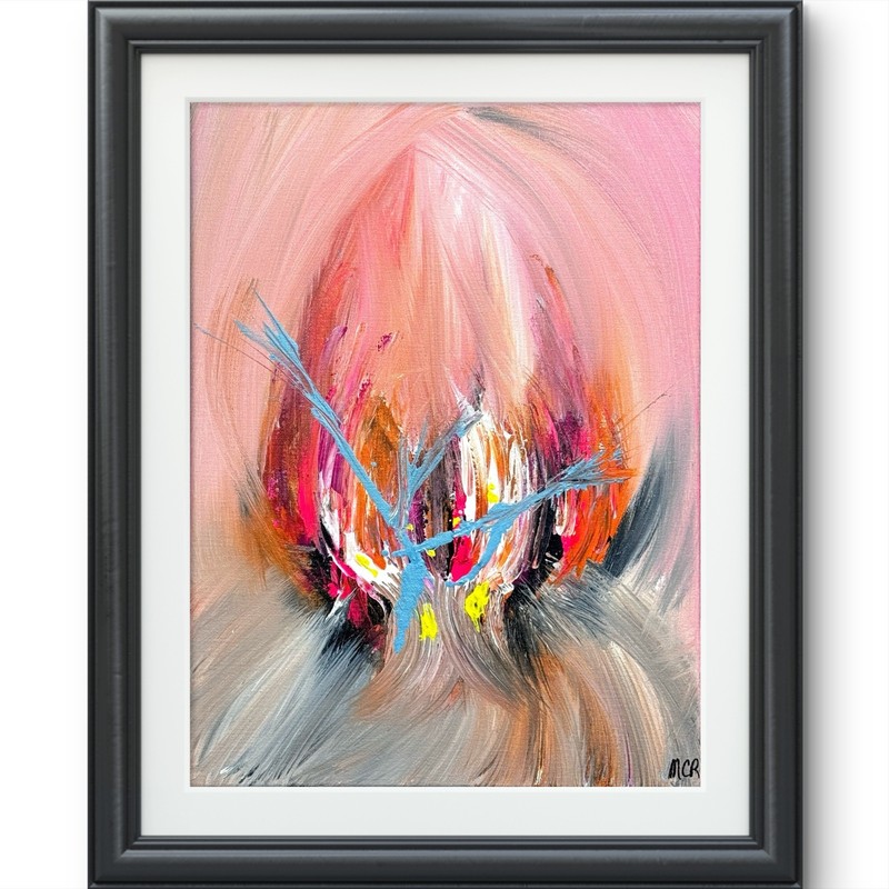 Pink Orange Red Flame Abstract Mixed Media Art Painting 12x16 Art Home Decor