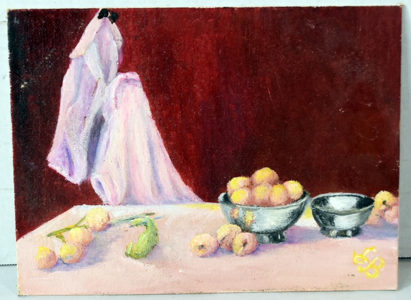 8″ Americana Oil Painting Canvas Lucille Bodiford Still Life Table w/ Fruits